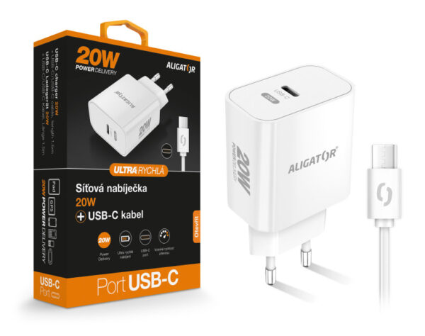 ALIGÁTOR Chytrá síťová nabíječka ALIGATOR Power Delivery 20W USB-C, USB-C/USB-C kabel, bílá