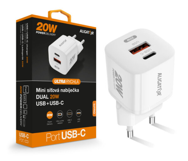 ALIGÁTOR Chytrá síťová nabíječka ALIGATOR Mini, Power Delivery 20W USB + USB-C, bílá