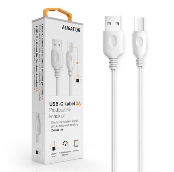 ALIGÁTOR Datový kabel DKAC82WT , USB-C, 2A, 1m, prodloužený konektor 9mm, bílý