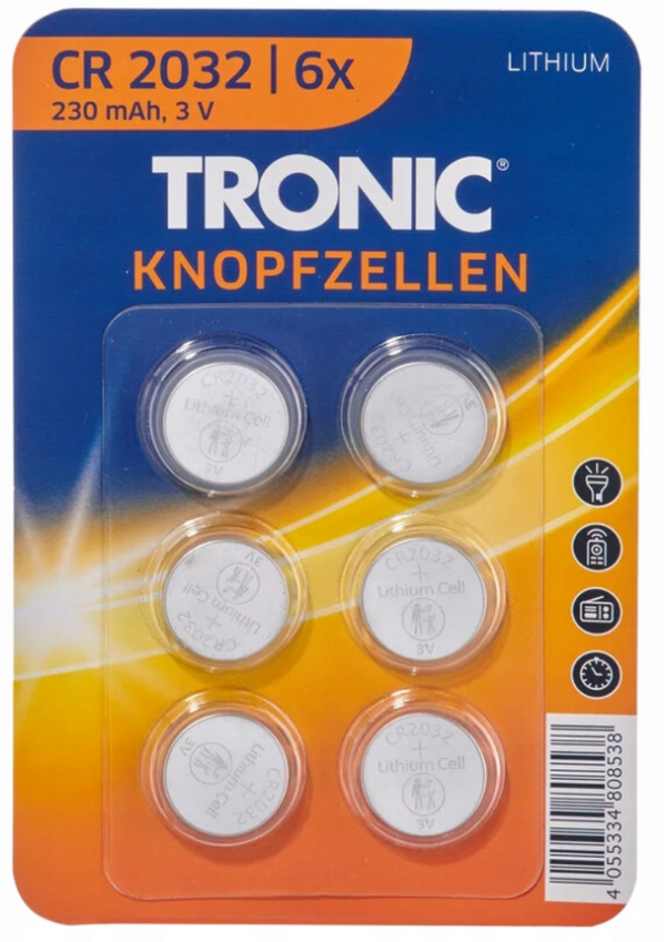 Tronic TRONIC® Knoflíkové baterie. 6 kusů (litiová baterie CR2032)