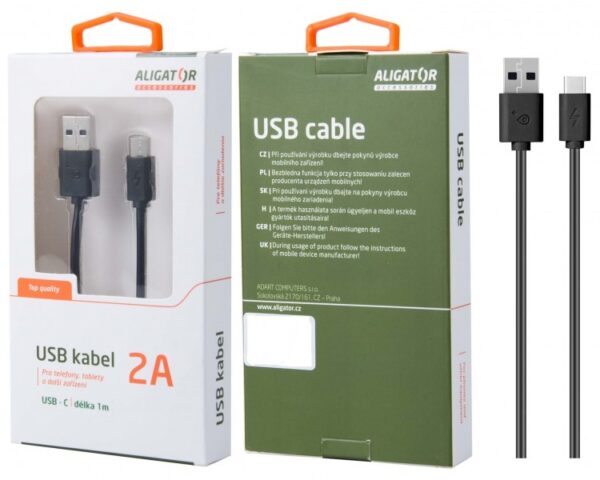 ALIGÁTOR Datový kabel DKAC82BK , USB-C, 2A, 1m, prodloužený konektor 9mm, černý