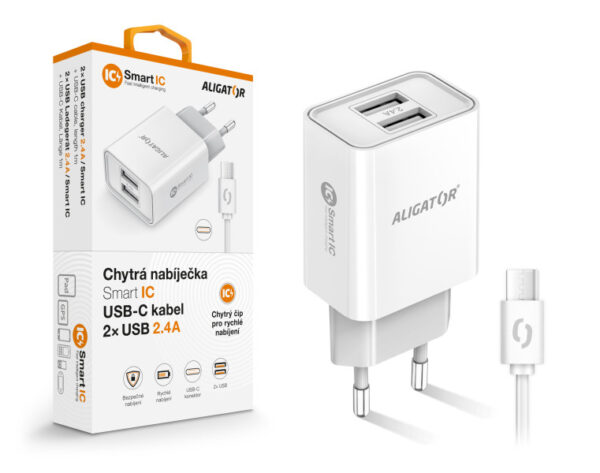 ALIGÁTOR Chytrá síťová nabíječka ALIGATOR 2.4A, 2xUSB, smart IC, bílá, USB-C kabel