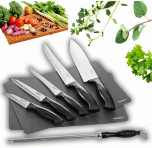 Ernesto černá sada 5 nožů, ocílka, krájecí prkénko